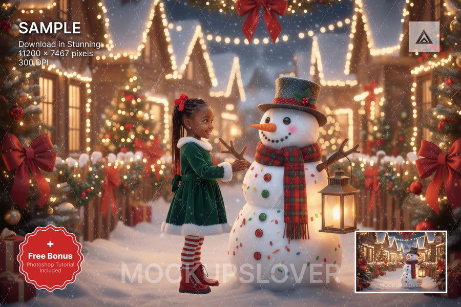 christmas snowman scene with winter landscape background and festive props