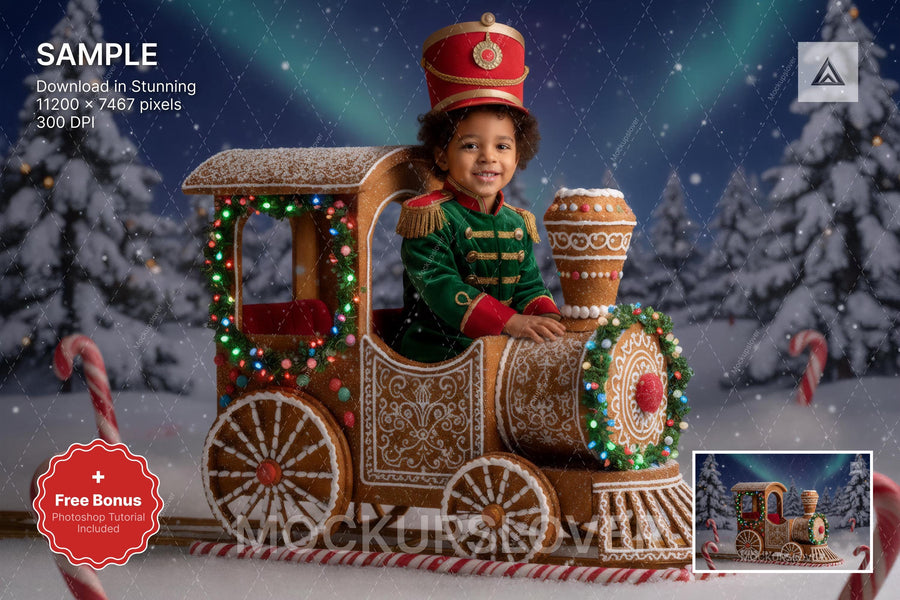 christmas train scene with winter landscape background and festive props