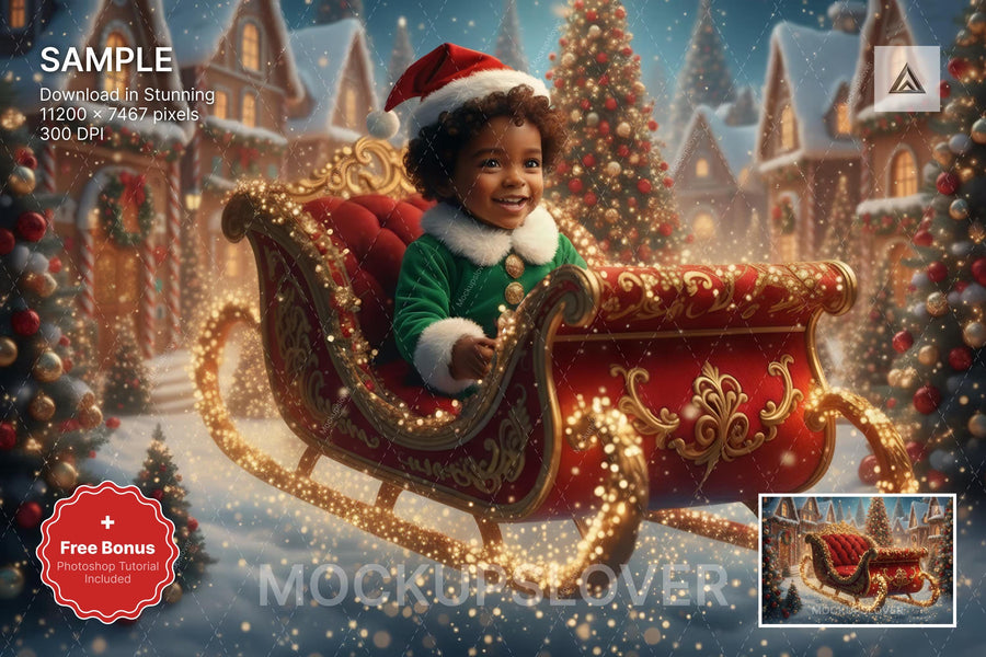 christmas backdrop with santa's sleigh at north pole, holiday scene, suitable for kids and family photos