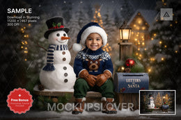 christmas snowman scene with winter landscape background and festive props