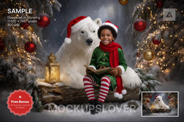 kids in winter wonderland scene with polar bear and woodland animals for holiday photos