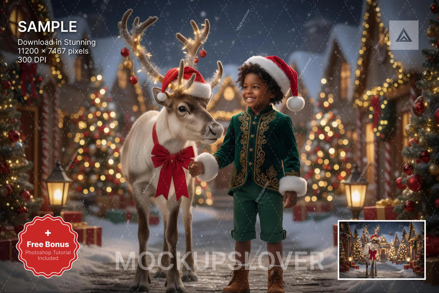 christmas reindeer scene with winter backdrop, perfect for holiday photo sessions