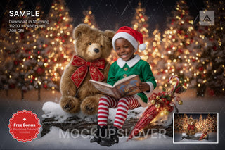 teddy bear and woodland animals in a winter wonderland, perfect christmas photo backdrop
