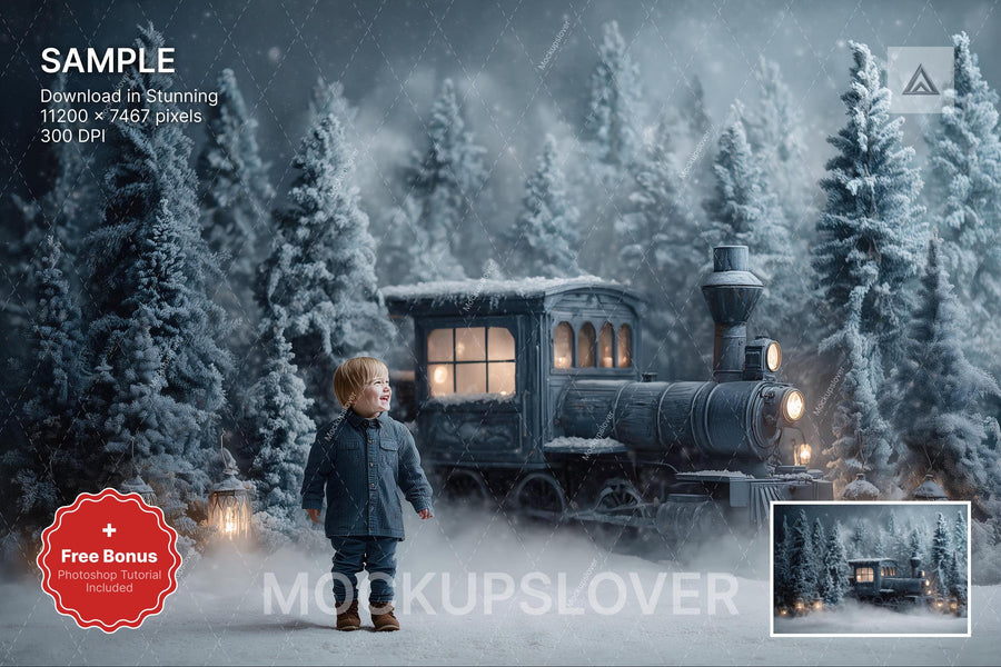 christmas train scene, winter backdrop, holiday photo background, snowy forest, kids' portrait prop