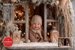 country christmas scene with winter landscape background and festive props