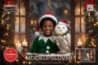 scene of a wise owl in a winter wonderland setting, suitable for holiday portraits and digital backgrounds