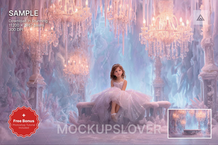 pink princess castle scene for holiday photos, digital backdrop, winter wonderland, christmas prop