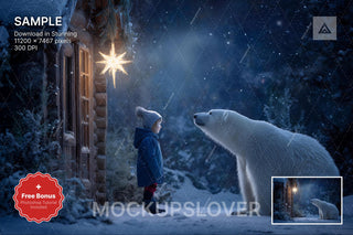 polar bear in a winter wonderland backdrop with digital snow, perfect for christmas kids photos at the north pole