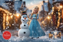frozen winter princess scene with snow and christmas elements, ideal for holiday photo backdrops