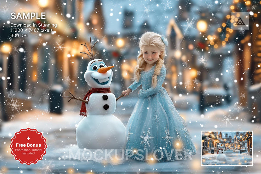 snowman and winter scene with a princess theme, ideal for holiday photography backgrounds