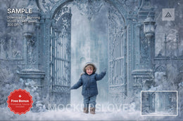 princess character in front of a winter castle gate scene, perfect for holiday photo props