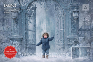 princess character in front of a winter castle gate scene, perfect for holiday photo props