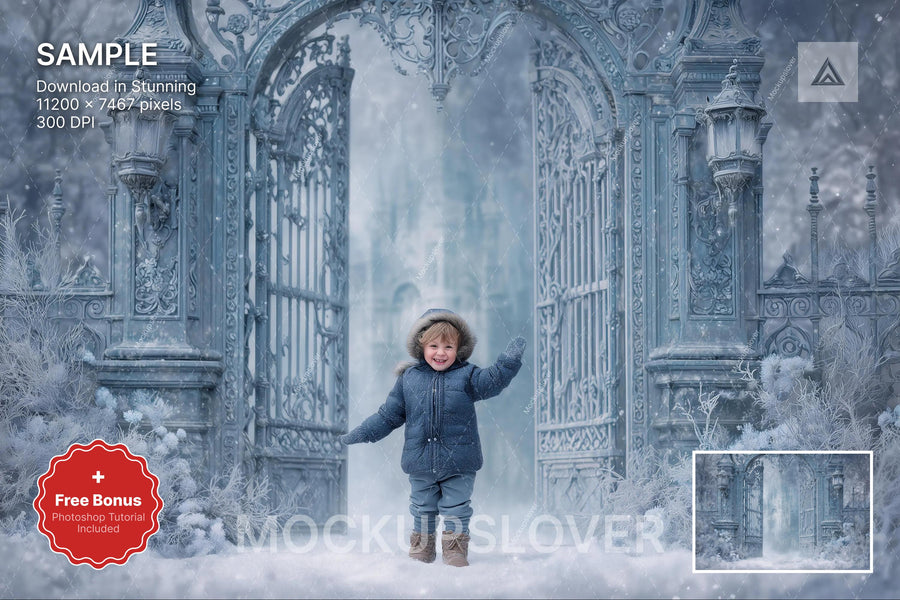 princess character in front of a winter castle gate scene, perfect for holiday photo props