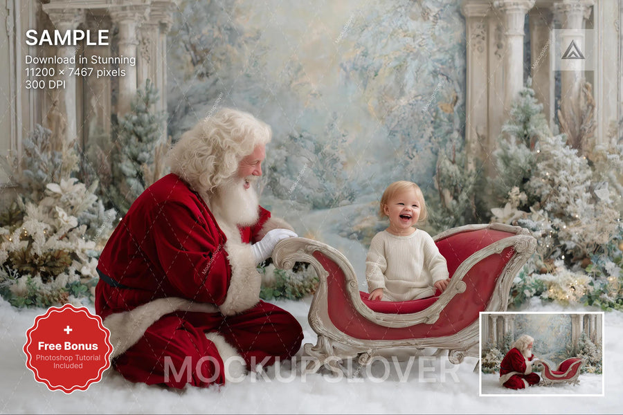 santa claus and sleigh in winter wonderland backdrop for holiday photos