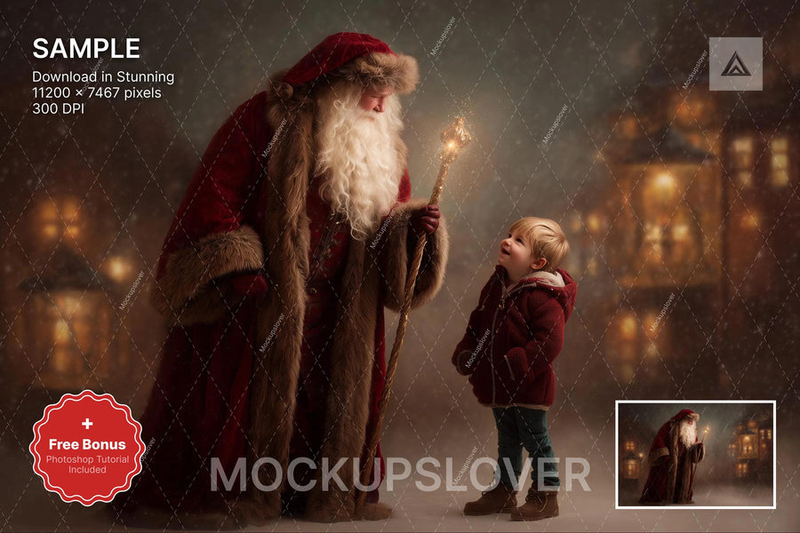 santa claus in a winter wonderland with snow and pine trees, digital christmas backdrop for photo editing