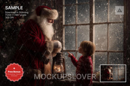 santa claus figure in a cozy winter scene with christmas window backdrop