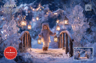 winter wonderland scene with christmas lantern and forest bridge, perfect for holiday photography