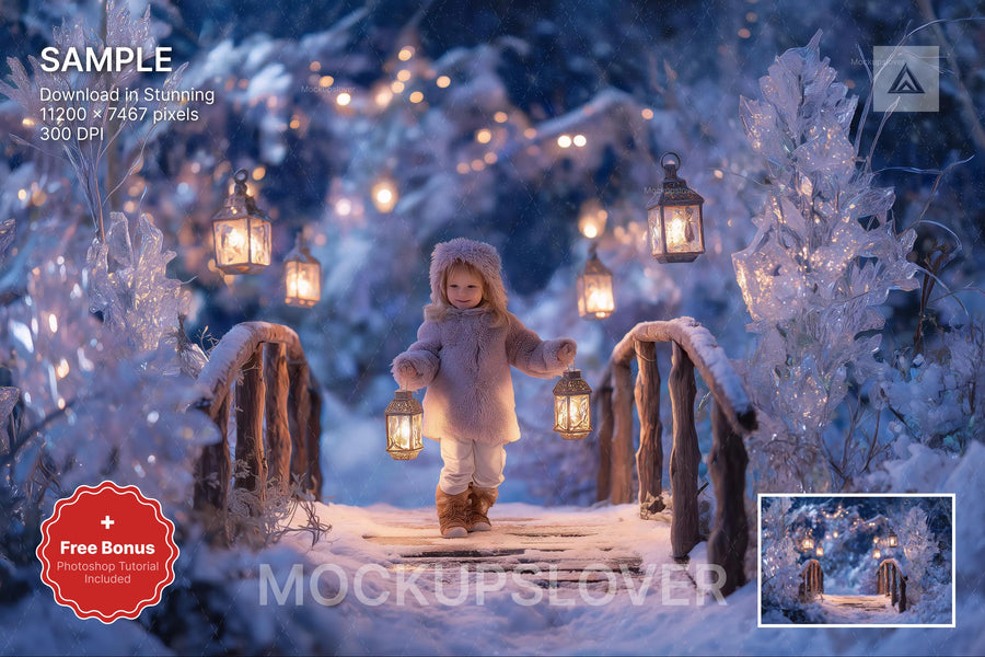 winter wonderland scene with christmas lantern and forest bridge, perfect for holiday photography