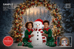 christmas snowman scene with forest backdrop, perfect for holiday photo shoots