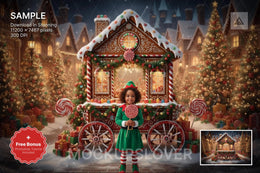 gingerbread cookies scene with winter landscape background and festive props