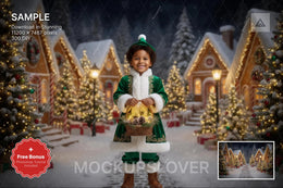 christmas village digital backdrop with snow-covered houses and trees under a starry night sky
