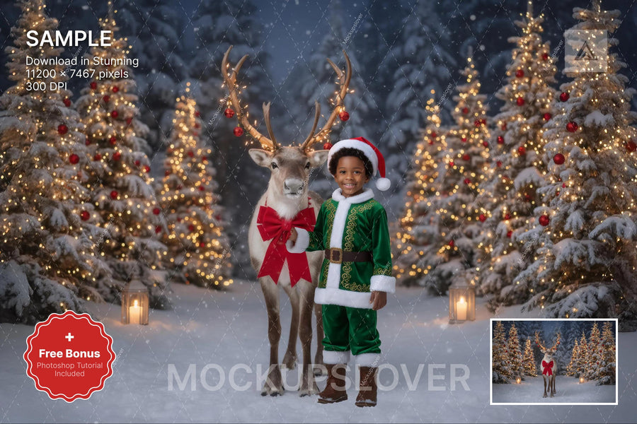 christmas reindeer in fantasy forest digital backdrop for holiday kids and winter wonderland photography