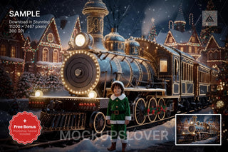 christmas train scene with winter landscape background and festive props