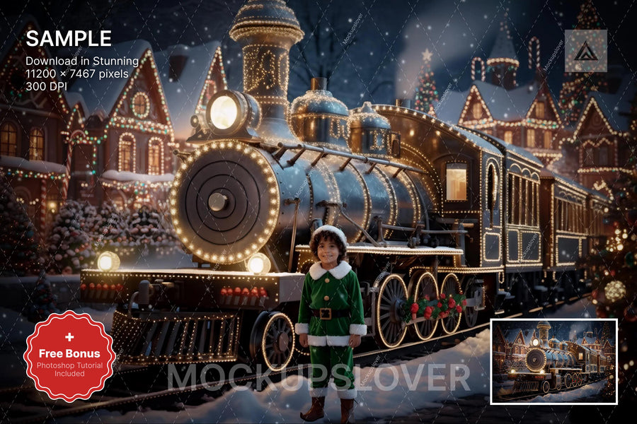 christmas train scene with winter landscape background and festive props