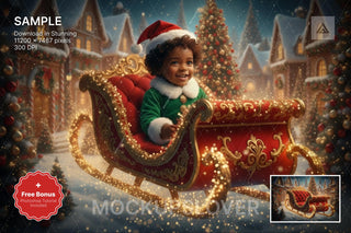 santa sleigh in christmas village, digital backdrop for festive portraits, winter wonderland template