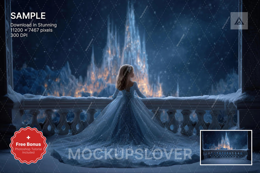 magic kingdom scene with winter landscape background and festive props