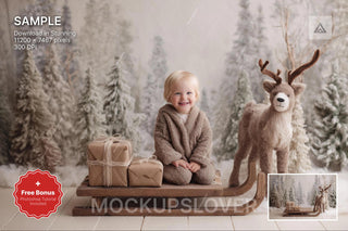 scene of reindeer and sleigh in a nordic winter wonderland, ideal for christmas photo backgrounds