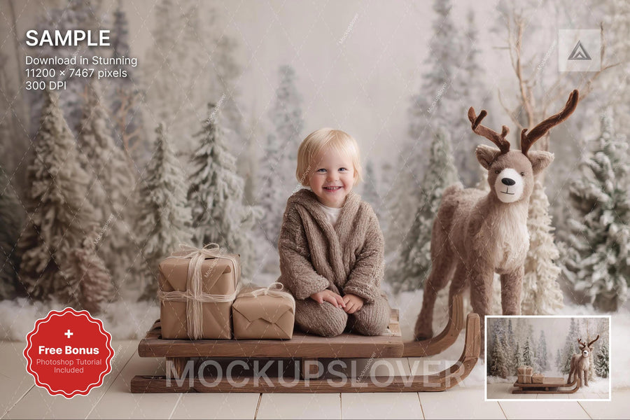 scene of reindeer and sleigh in a nordic winter wonderland, ideal for christmas photo backgrounds
