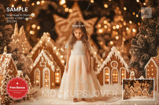 gingerbread house in christmas village digital backdrop for holiday photos