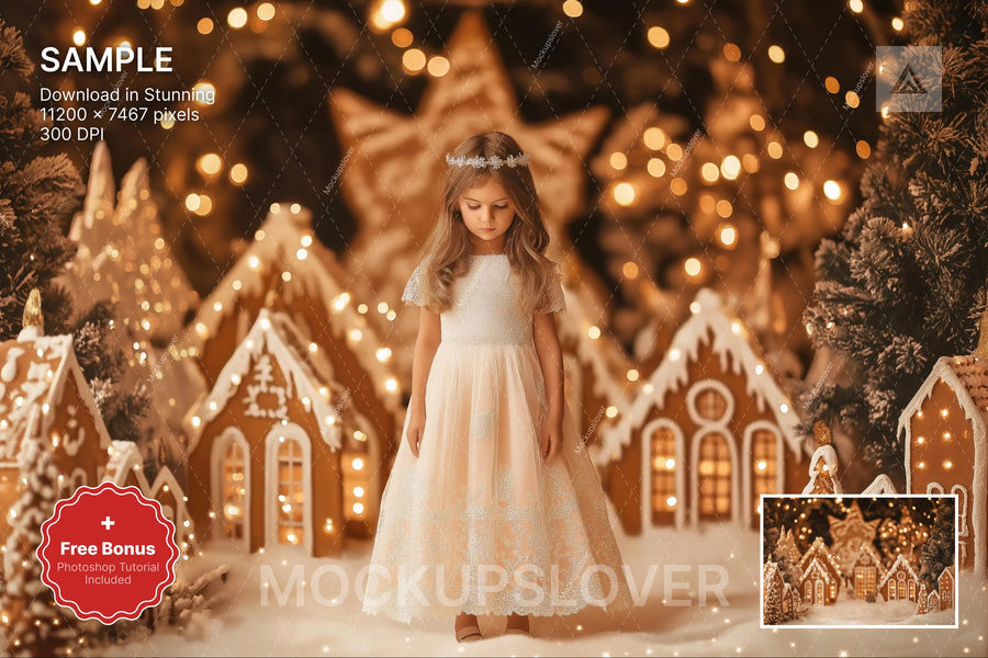 gingerbread house in christmas village digital backdrop for holiday photos