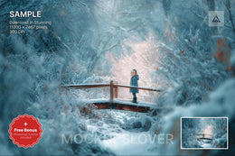 winter forest scene with bridge, suitable as a backdrop for holiday and winter photography