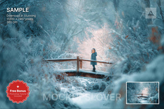 winter forest scene with bridge, suitable as a backdrop for holiday and winter photography