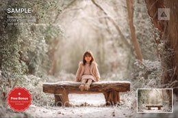 winter forest scene with wooden bench, perfect for holiday photo shoots and nature photography background