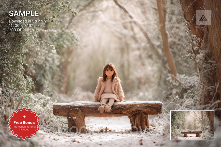 winter forest scene with wooden bench, perfect for holiday photo shoots and nature photography background