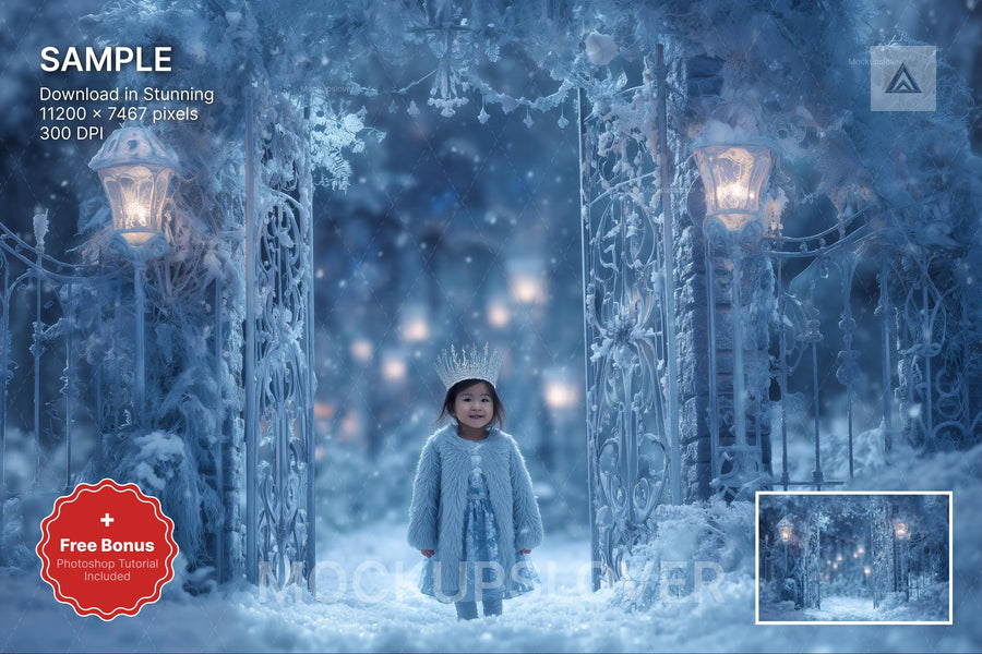 frozen princess figure with castle background, holiday scene, digital backdrop for photos