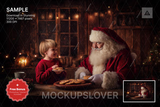 santa claus in christmas kitchen with holiday cookies and bakery backdrop template