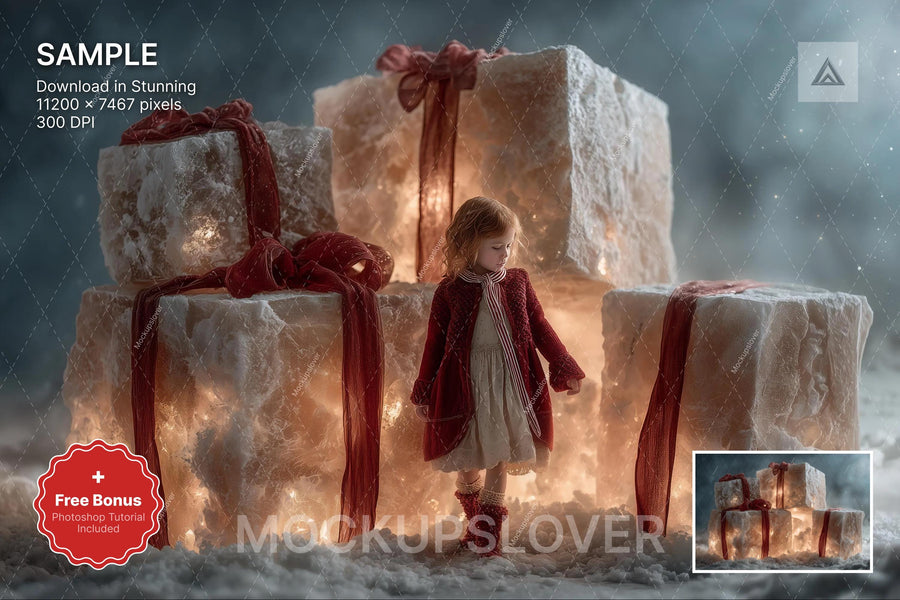 scene of giant christmas gifts as a holiday photo backdrop for kids and families