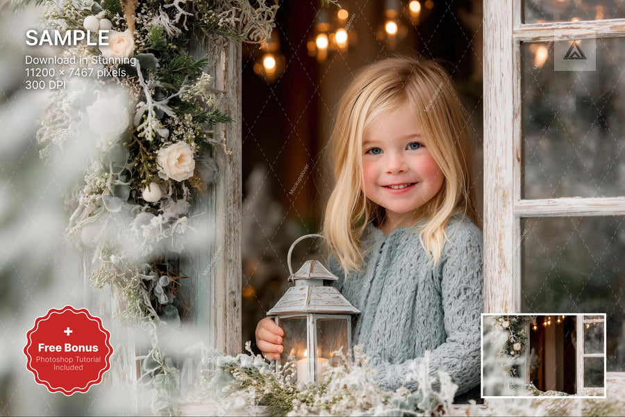 christmas window scene with winter landscape, ideal for holiday photo backgrounds
