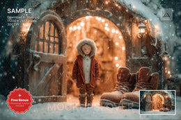 santa claus house scene with christmas village backdrop, holiday prop, winter wonderland for festive photos