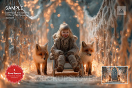 red fox and wooden bridge scene, winter woodland backdrop for holiday photography