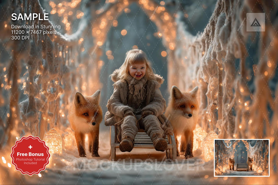 red fox and wooden bridge scene, winter woodland backdrop for holiday photography