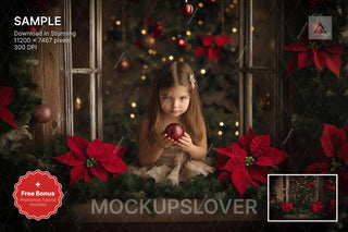 christmas window scene with floral accents, ideal for holiday photo sessions