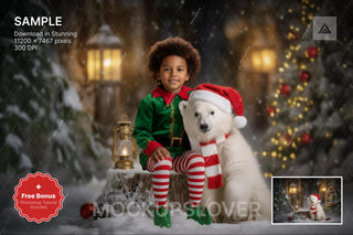polar bear in a christmas village with a lantern and stump, winter wonderland