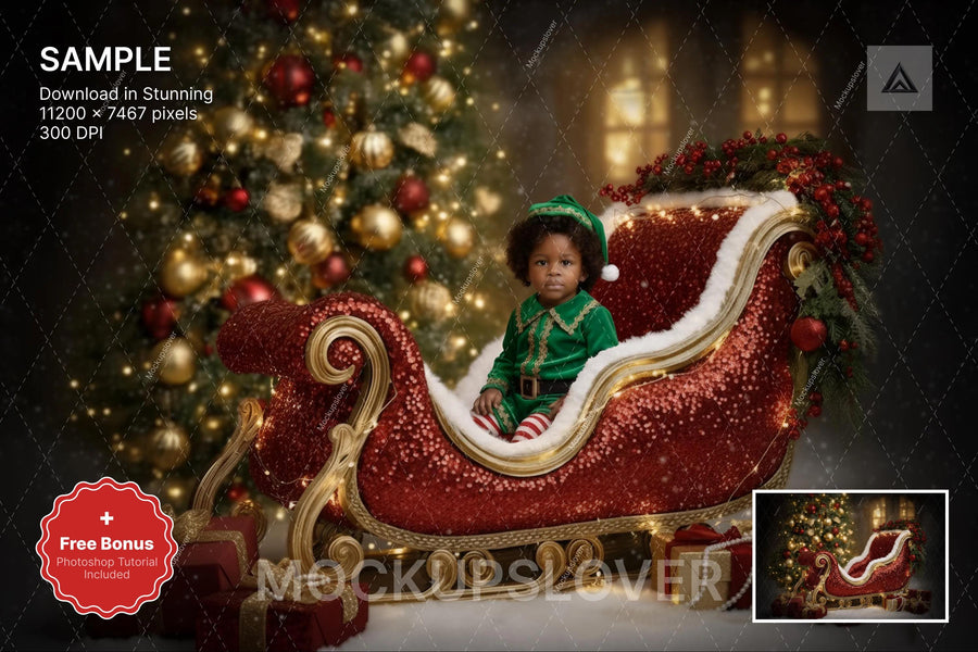 christmas backdrop, santa sleigh, winter wonderland scene, holiday photo background, kids pets portrait setting