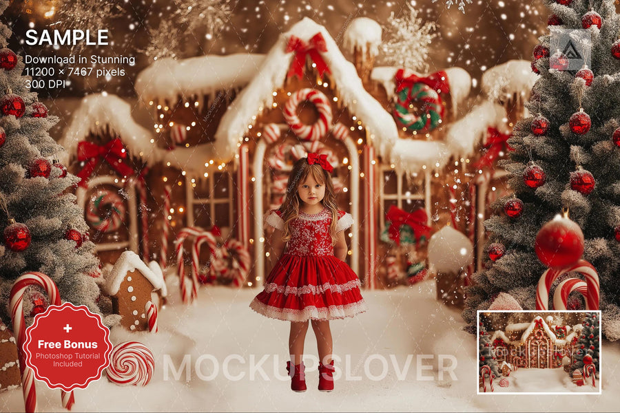 gingerbread house in christmas village digital backdrop for holiday kids prop, winter wonderland photoshop template