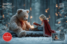 winter forest scene with teddy bears, holiday backdrop, perfect for kids photos